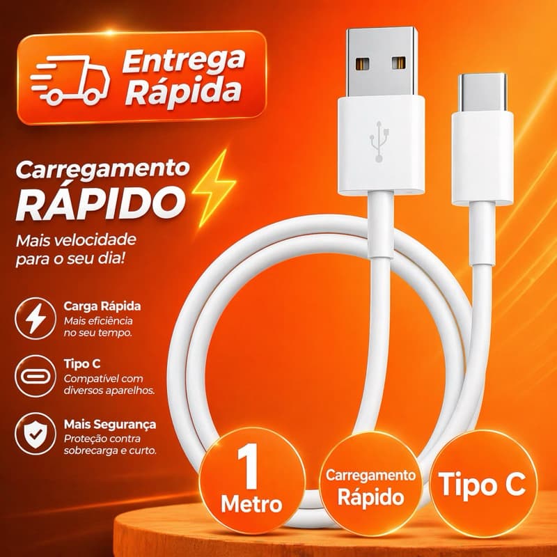 Cabo USB Tipo C TURBO 1M Para Xiaomi, Samsung, Motorola e IPhone Carregamento rápido