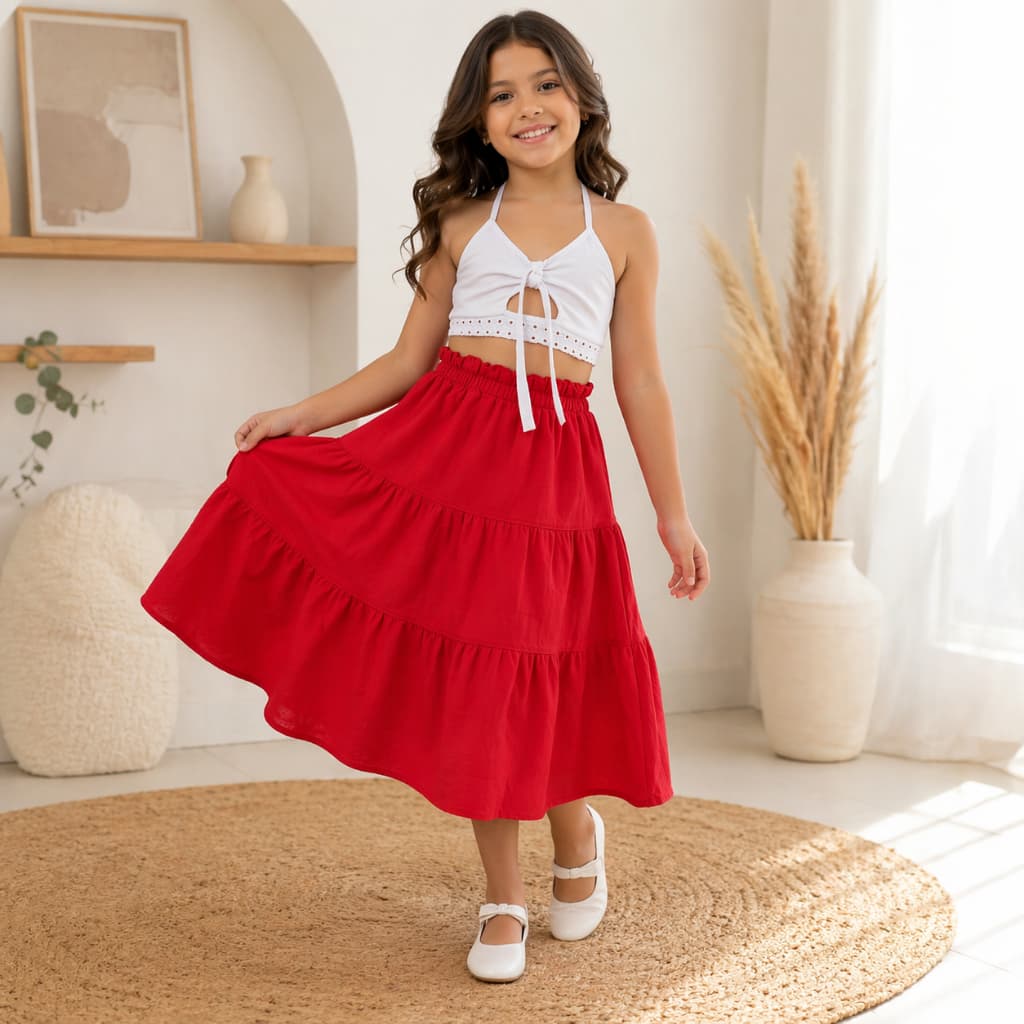 Conjunto Infantil Menina Saia Midi Vermelha + Cropped Branco Look Completo 2 Peças 4 ao 12