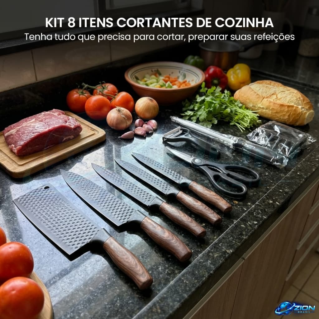 Kit 8 Facas Cozinha Profissional Com Chaira Tesoura Descascador Garra Carne Lâminas Afiadas Amolador