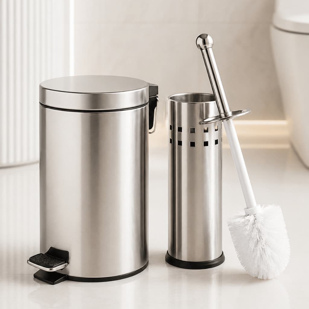 Kit Lixeira Inox Pedal Cesto De Lixo + Escova Sanitária Inox