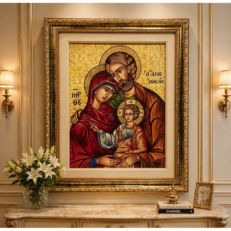 Quadro Sagrada Família Ícone  – Quadro Resinado – 40x50 – Moldura Dourada