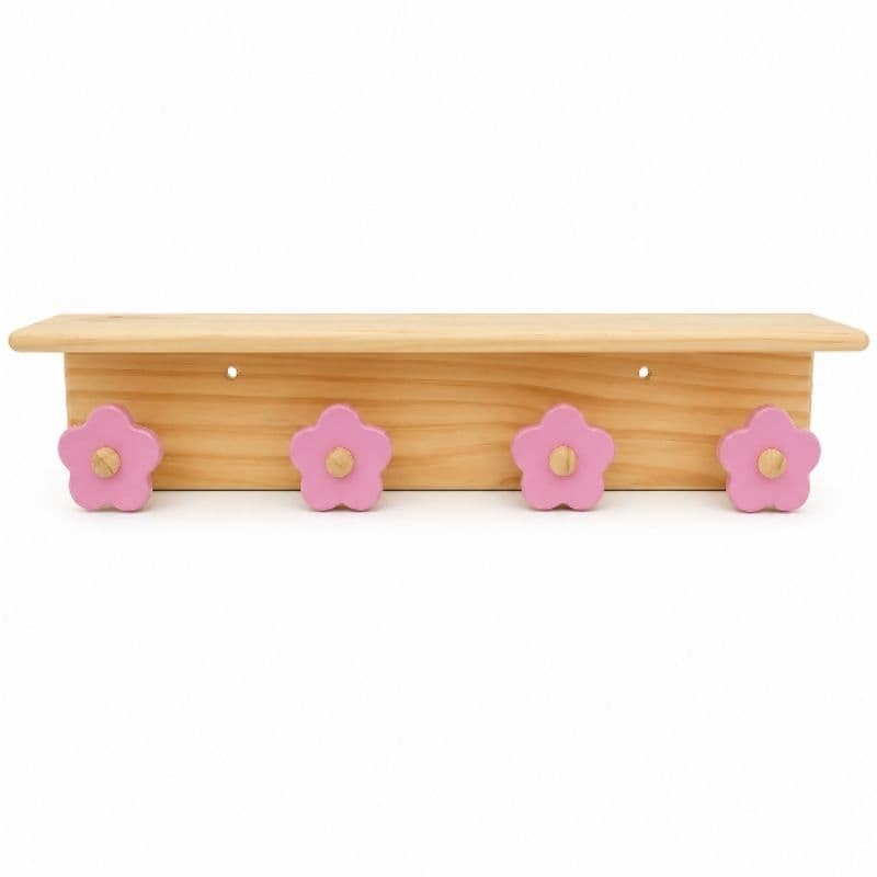 Prateleira  com Cabideiro Infantil Flor Rosa  em Madeira  Organização e Decoração