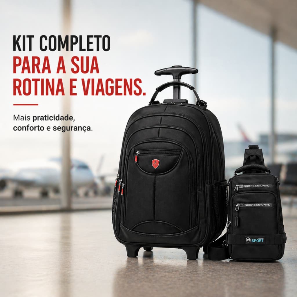Kit Mochila Rodinha Executiva 40L + Shoulder Bag Impermeável USB Notebook Viagem Trabalho Unissex Aeroporto Aviao