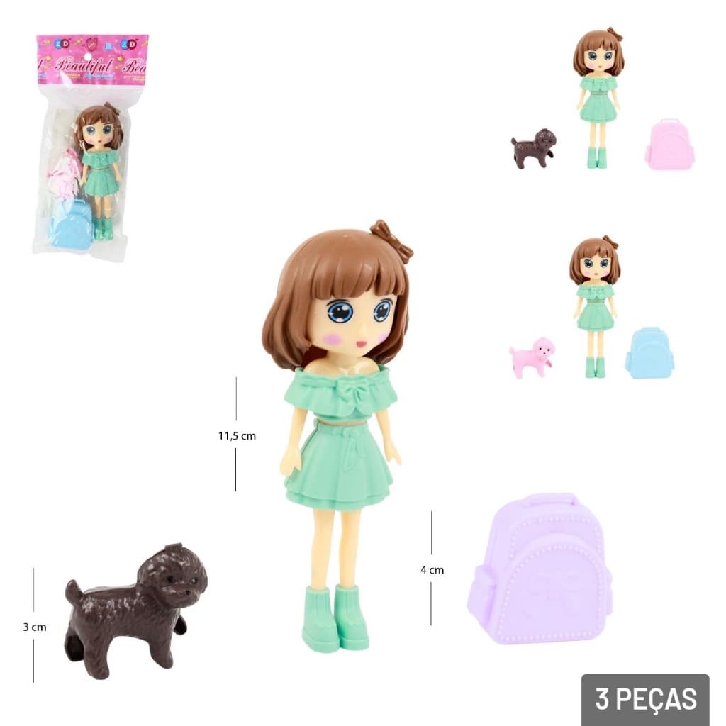 Boneca Beautiful com Cachorro e Mochila Color