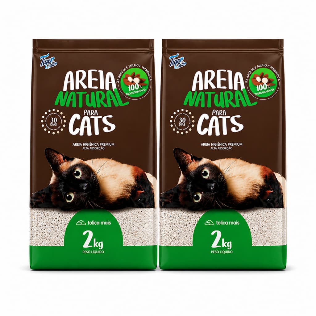Areia Higiênica Natural Biodegradável Gatos Tiger Cats kit 2kgs + 2kg forma torroes firmes em segundos