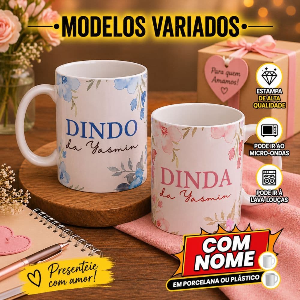 Carneca Personalizada Porcelana Dinda, Dindo Com Nome