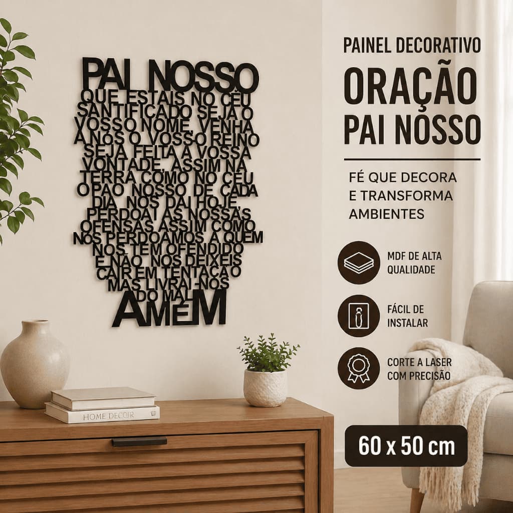 Painel Decorativo Oração Pai Nosso 60x50 MDF Preto | Quadro Religioso Parede