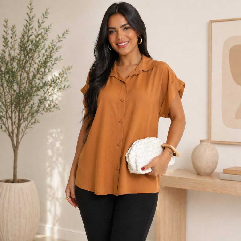 Camisa Feminina Viscolinho Colarinho  Blusa Soltinha Elegante Casual Confortável Moda Social