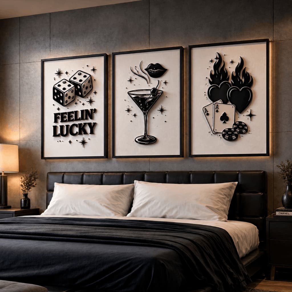 Kit 3 Quadros Decorativos Cassino Luxo Preto e Dourado Moderno