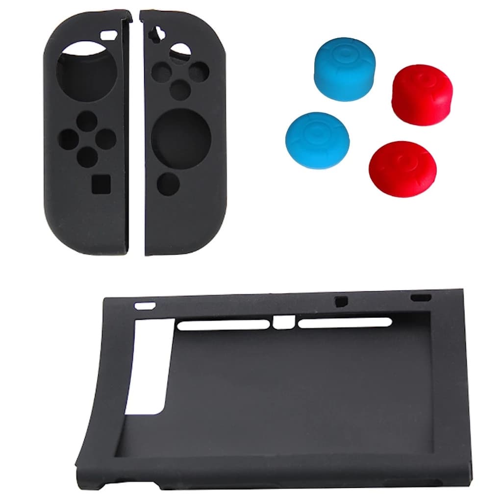 Kit capas de silicone para Nintendo Switch 1 Tela e Joycons + 4 grips protetores extensores de analógicos