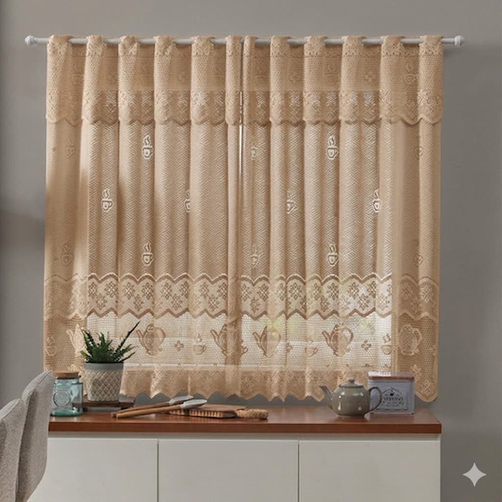 Cortina de Renda Cozinha Desenho Bule Café 2,20m x 1,20m Bege Casa Luxuosa Decorativa Fofo