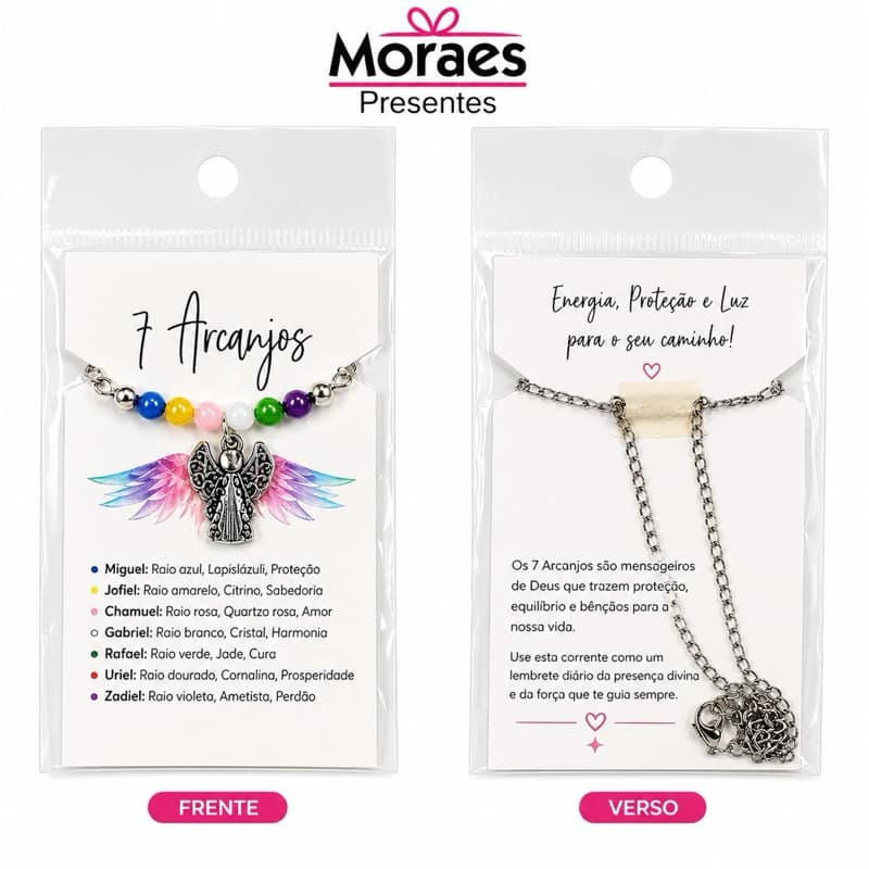 Colar 7 Arcanjos com pingente de anjo e pedras coloridas. Símbolo de proteção, luz e boas energias.