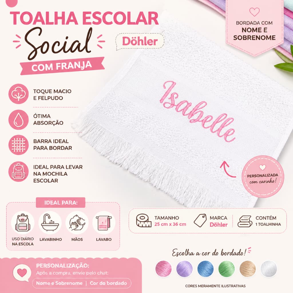 Toalha Escolar Social Döhler 25x36 com Franja | Bordada com Nome e Sobrenome | Lavabinho Personalizado Infantil