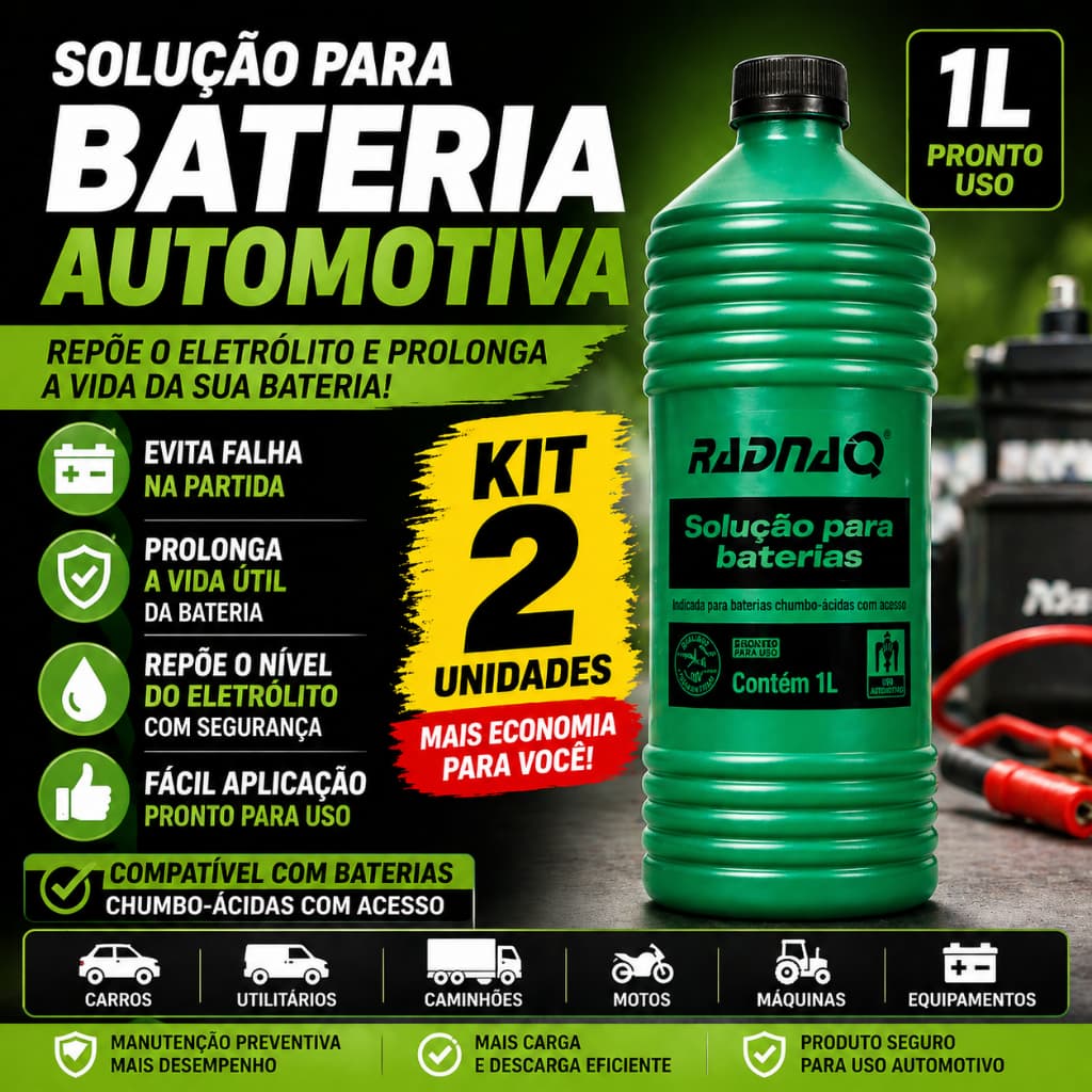 Kit 2 Solução Para Bateria 1L Radnaq | Completa Eletrólito Automotivo Carro Caminhão Prolonga Vida