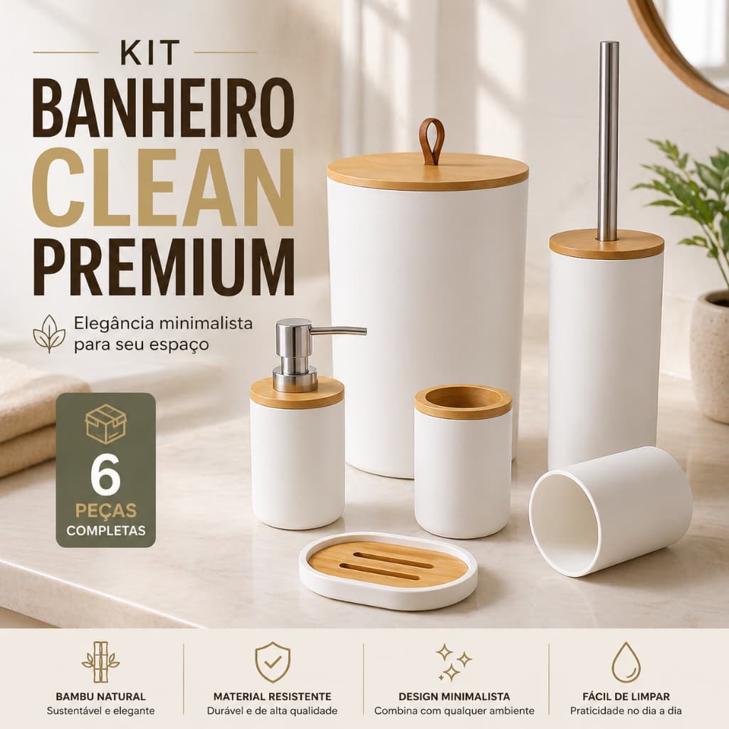 Kit Banheiro Luxo 6 Peças Bambu Lixeira Dispenser Escova Sanitária Organizador Lavabo Premium
