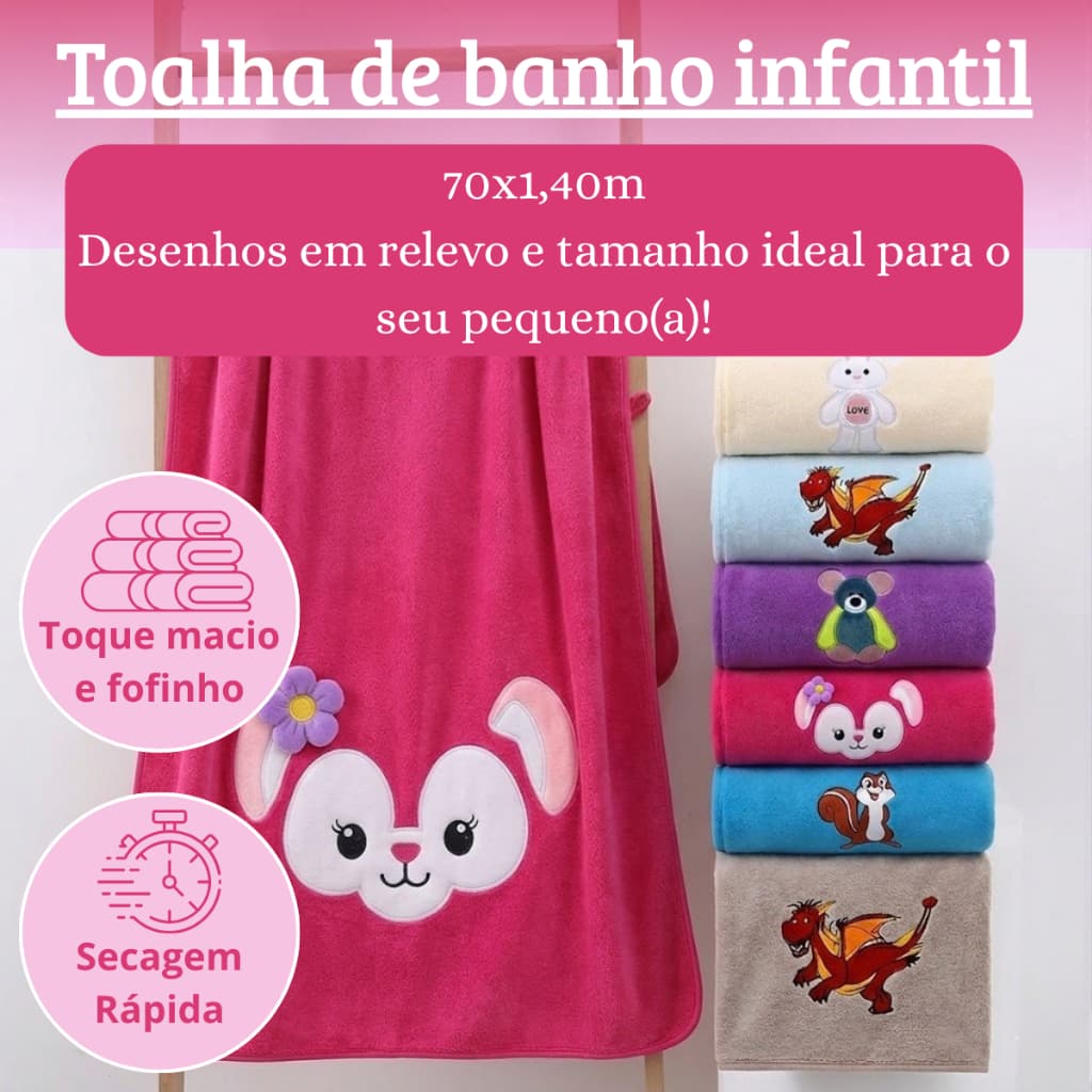 Toalha de Banho Infantil Bichinhos 70x140cm – Desenhos com Abas em Relevo, Macia e Confortável