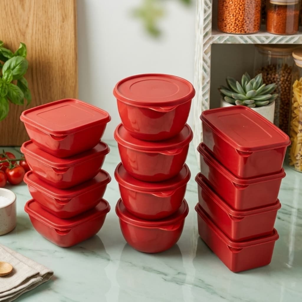 Kit 12 Potes Vermelho Plásticos Variados 1 Litro Para Alimentos Frezer Geladeira Micro-ondas