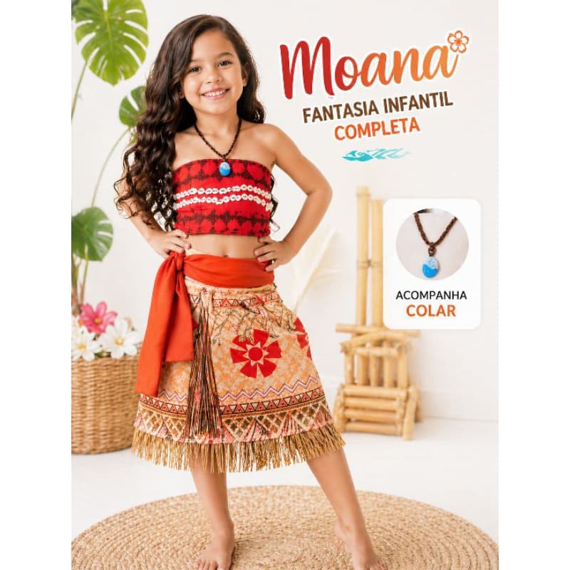 Fantasia Infantil Moana Completa Com Acessórios Colar Envio Rápido Pronta Entrega