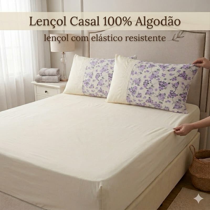 Lençol Casal Para Cama Box 100% Algodão - Lençol e Duas Fronhas Kit Econômico