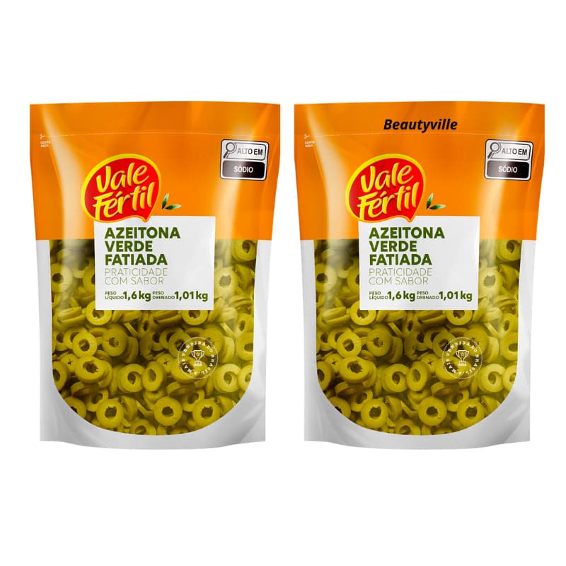Kit 02 Sachê Azeitona Verde Em Conserva Fatiada Vale Fértil 1,01kg Embalagem Econômica