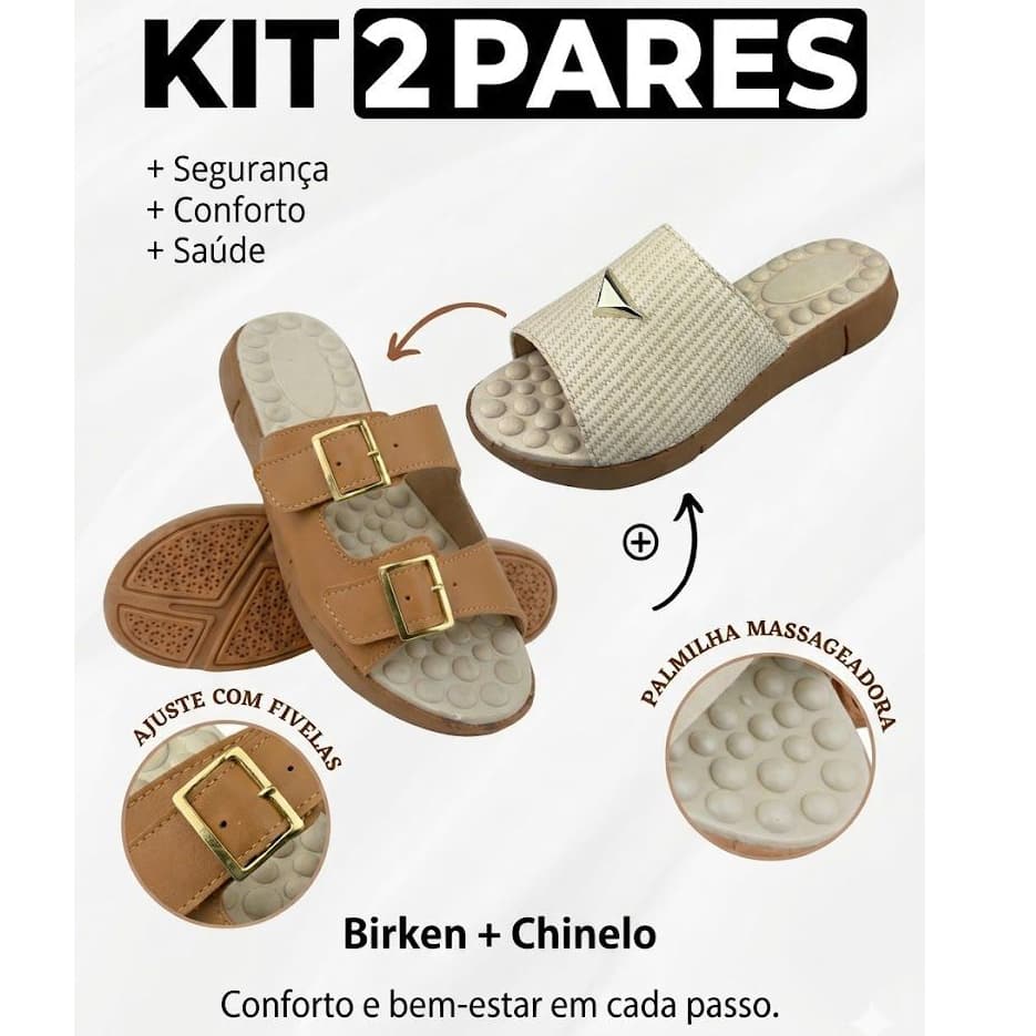 Kit 2 Pares Chinelo + Sandália Birken Feminina Ortopédica Palmilha Massageadora Macio Confortável