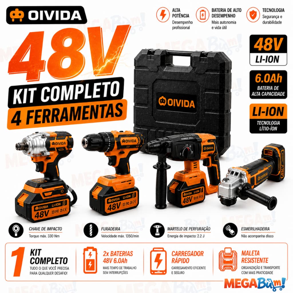 Kit Multi ferramentas OIVIDA 4 Em 1 | 48V Sem Fio 2 Baterias Furadeira Martelete Esmerilhadeira Chave De Impacto