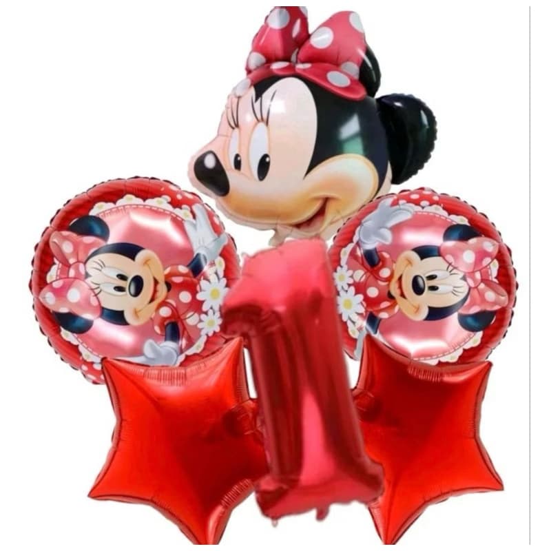 Kit c/5/6 balões Minnie baby cabeça mede 59 cm/ redondo/estrela mede 45 cm/número mede 40 cm