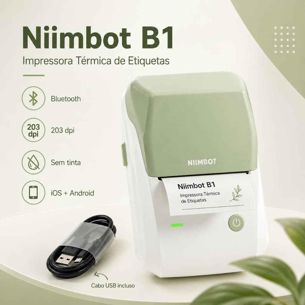 Impressora Térmica de Etiquetas Niimbot B1 Bluetooth Portátil Sem Tinta Compatível B21 Adesiva Envio