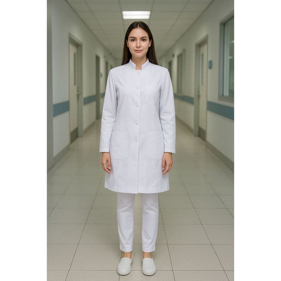 Jaleco Feminino branco Acinturado Manga Longa Com botão Gola Padre