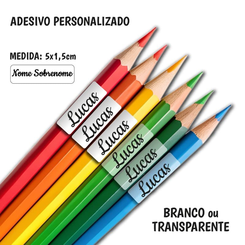 150 Etiquetas Escolares Personalizadas para Lápis e Cadernos - Branco ou Transparente