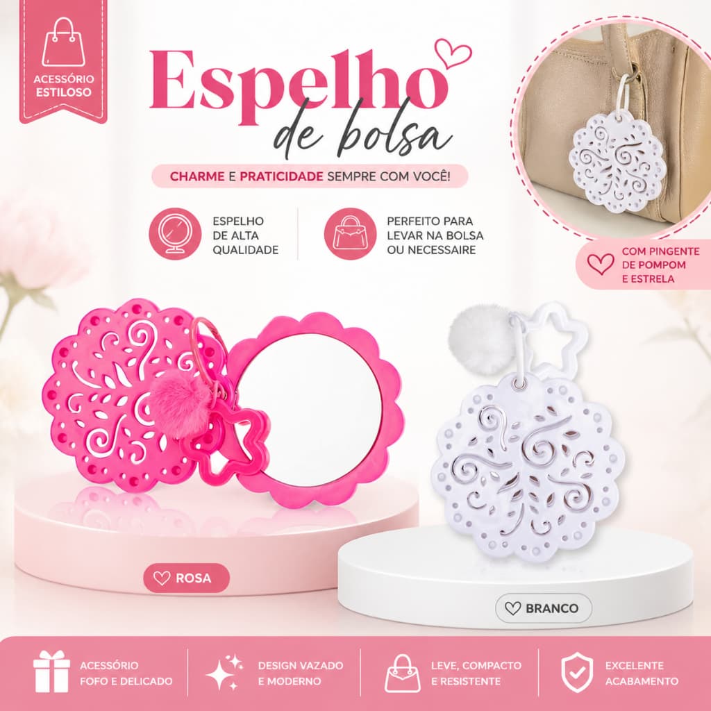 Espelho Compacto Feminino para Bolsa com Pompom | Design Fofo e Moderno