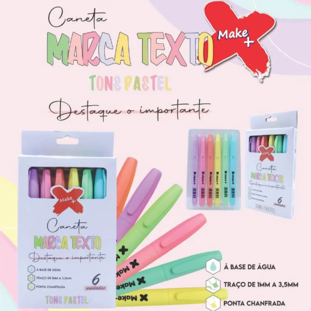 Kit com 6 Canetas Marca Texto Tons Pastéis