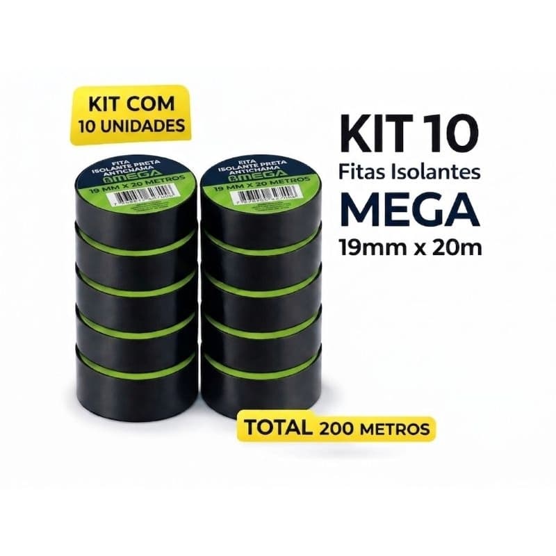 Fita Isolante 20 Metros Antichama de Alta Qualidade -Kit 10 unidades Total 20O M