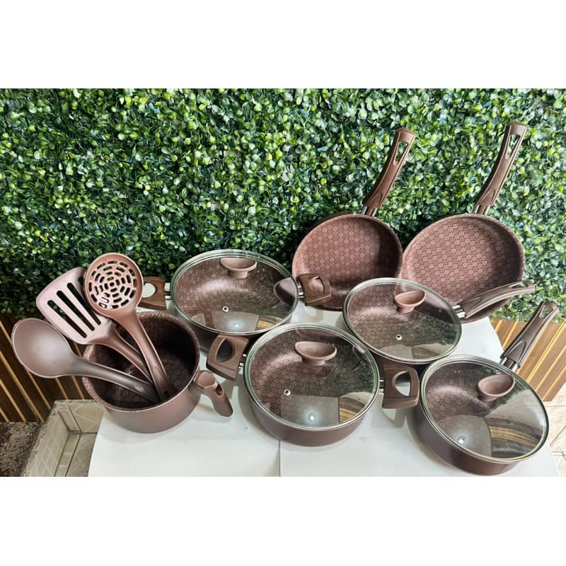 10 Peças de Panelas + talheres Chocolate marrom antiaderente jogo panelas frigideiras tampa de vidro