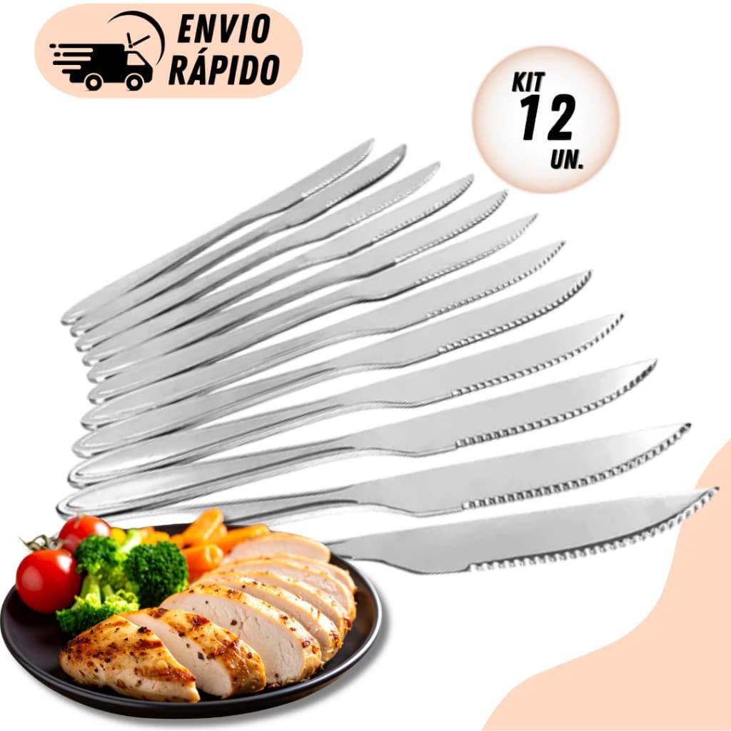 Jogo 12 ou  6 Kit Facas de Cozinha Inox Cabo inox com Serra Ideal Refeições Restaurantes e Uso Diário