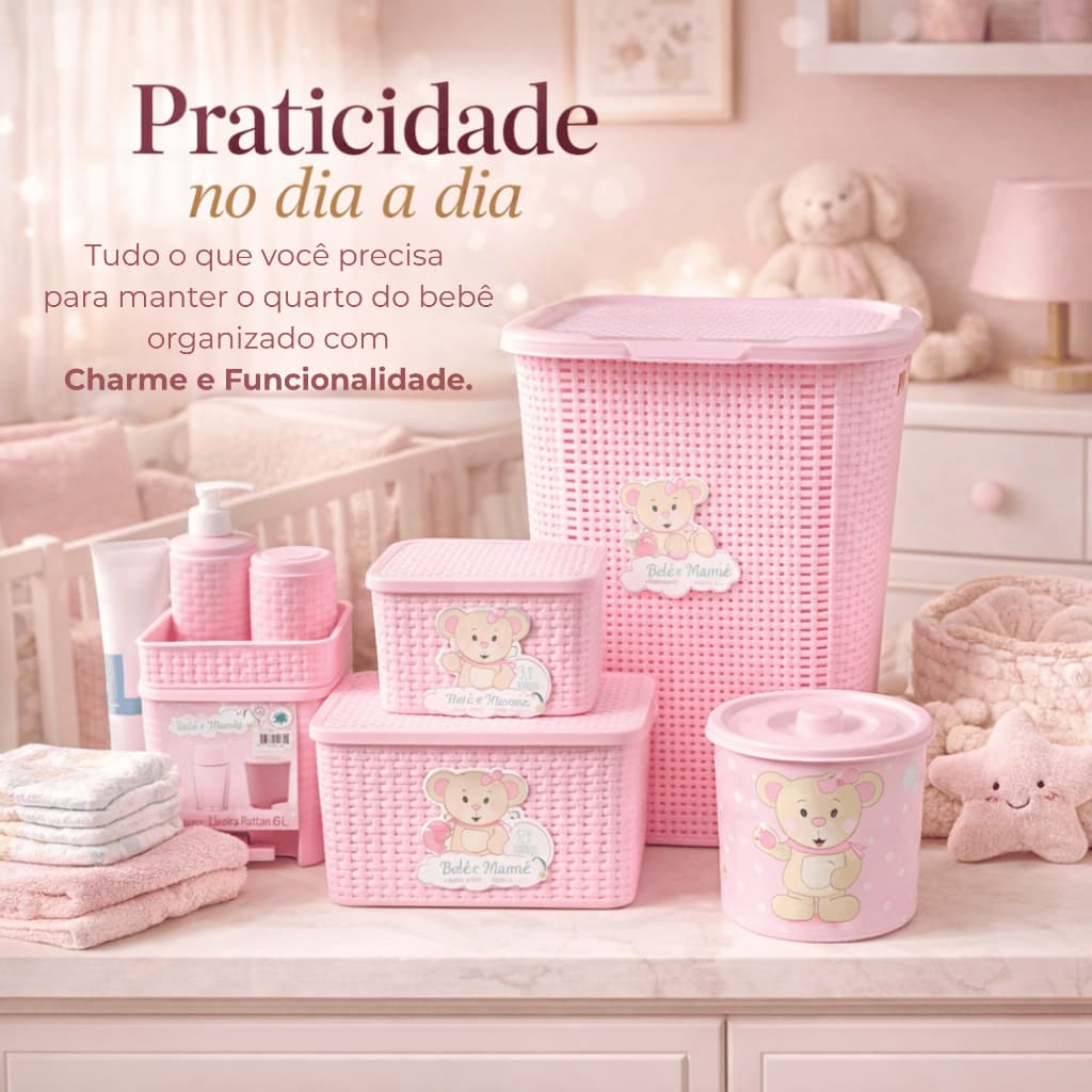 Kit Organizador Quarto Bebê Rattan Cesto Lixeira Caixa Multiuso Monte Líbano