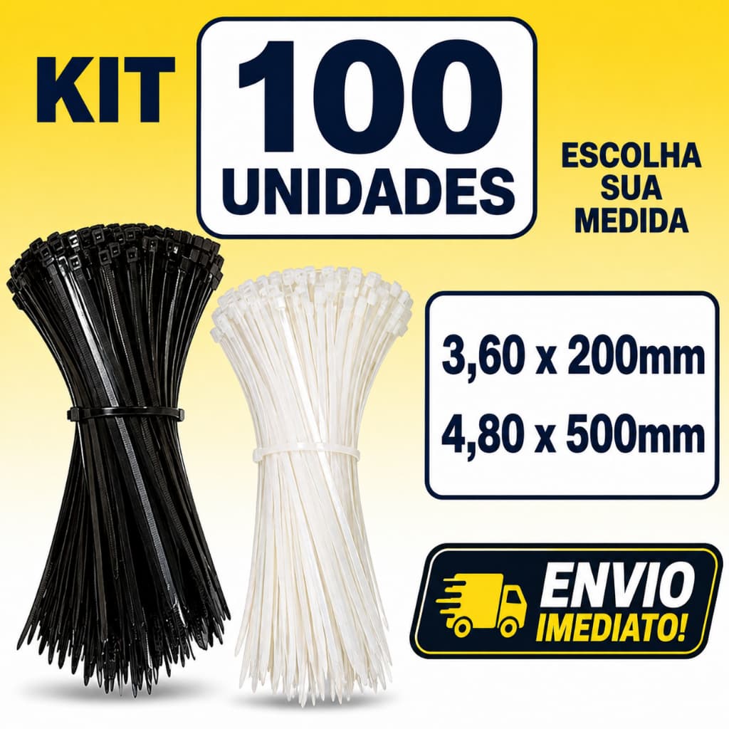 Kit 100 Abraçadeiras 50 cm Nylon Cinta Plástica Presilha Enforca Gato Hellerman Branco Preto Várias Medidas