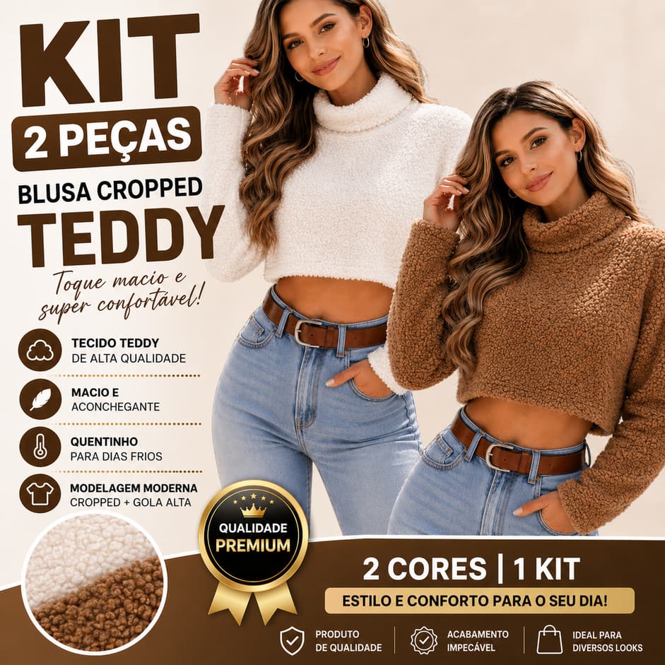 Kit 2 Blusa de Frio Ted Cropped Teddy Pelinho Feminino Manga Longa Pelúcia Tedi Gola Alta Estilosa Inverno