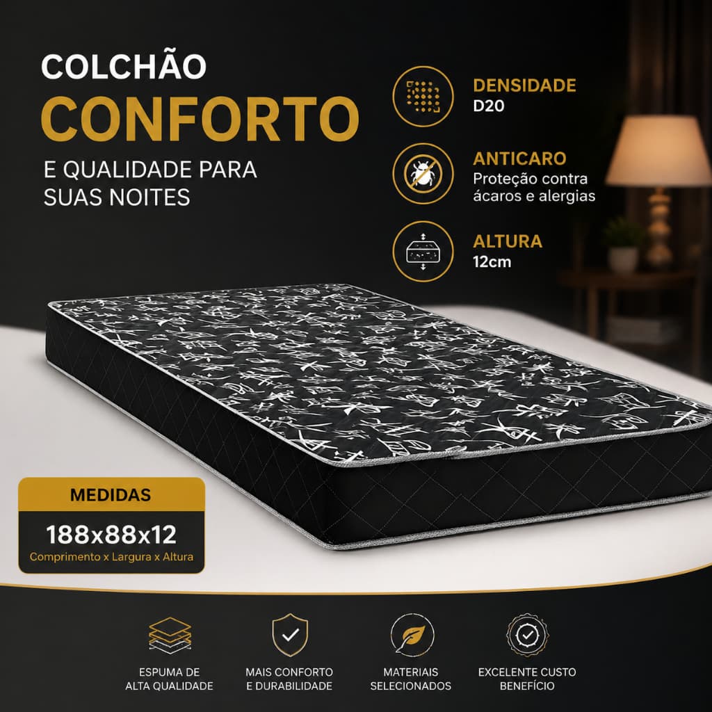 Colchão Espuma Solteiro D20 188x88x12 Alta Qualidade