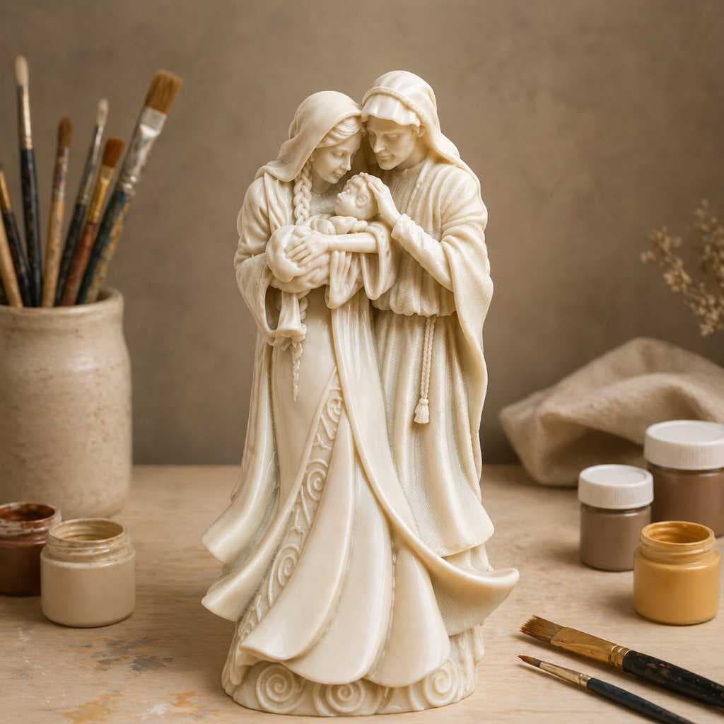 Imagem Sagrada Família 15cm em Resina Decorativa – Escultura Religiosa para Decoração Presente