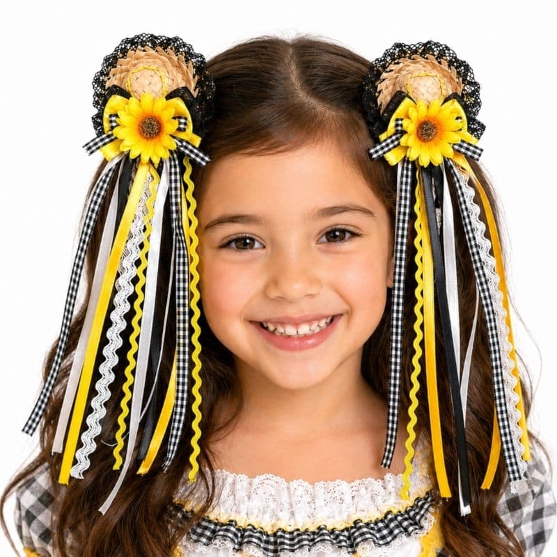 Parzinho Junino Infantil Festa Junina Com Chapéu de Palha Girassol e Fitas