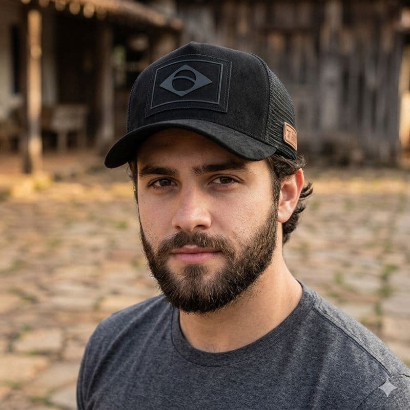 Boné Trucker Suede Preto com Bandeira do Brasil Tom sobre Tom Unissex