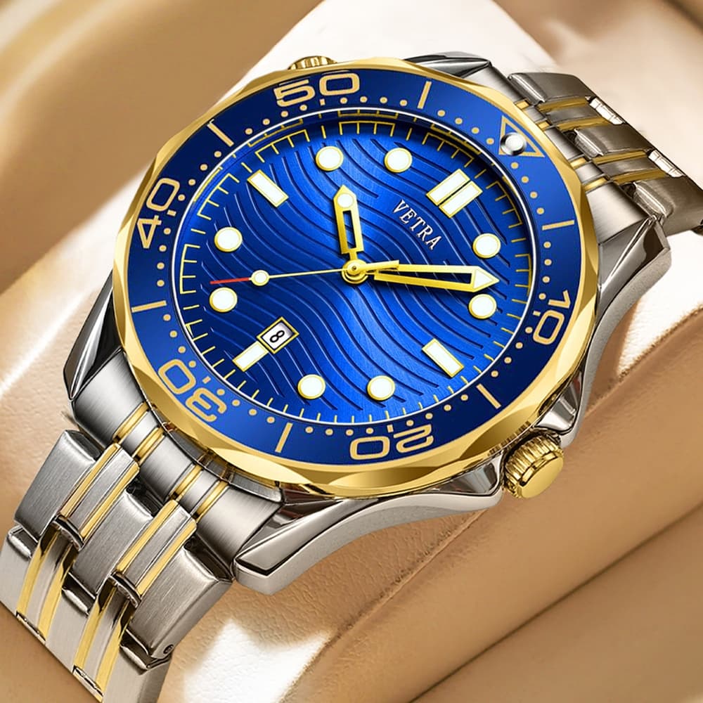 VETRA Relógio Masculino Original Relogio Luxo a Prova d Água Presente para Homem Aço Inoxidável Azul Dourado B2820