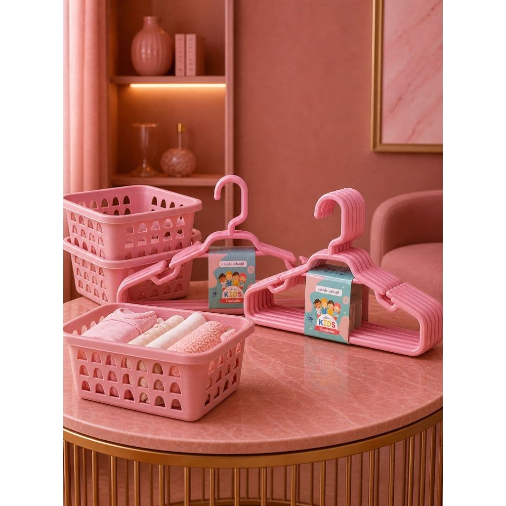 Kit 10 Cestos Organizador Pequeno Multiuso + 20 Cabides Infantil Bebê