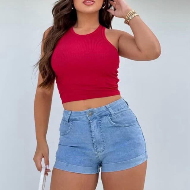 Blusa Feminina Cropped Blusinha Básica Sem Bojo Canelado Regata Nadador Curta Casual Moda Gringa