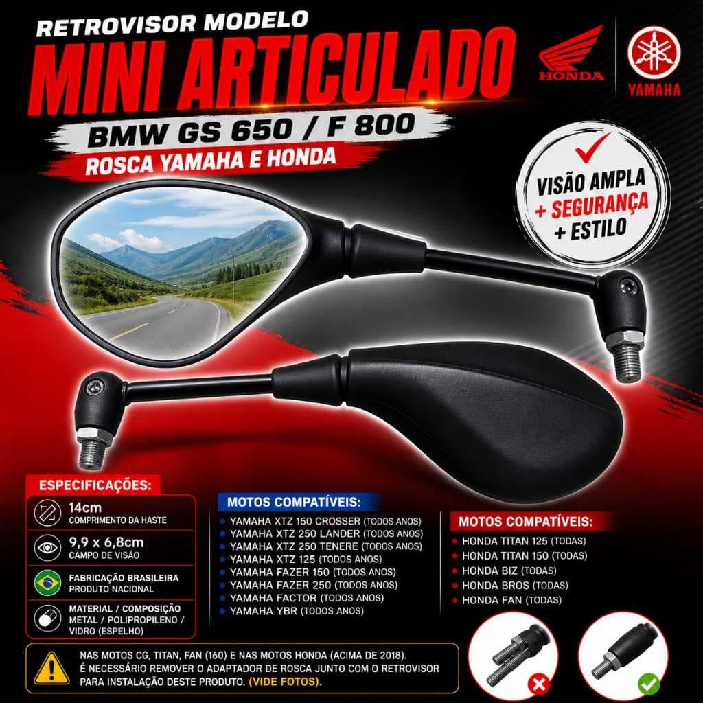 Espelho Retrovisor Mini Bmw Articulado Gs650/F800 Rosca Honda e Yamaha Par