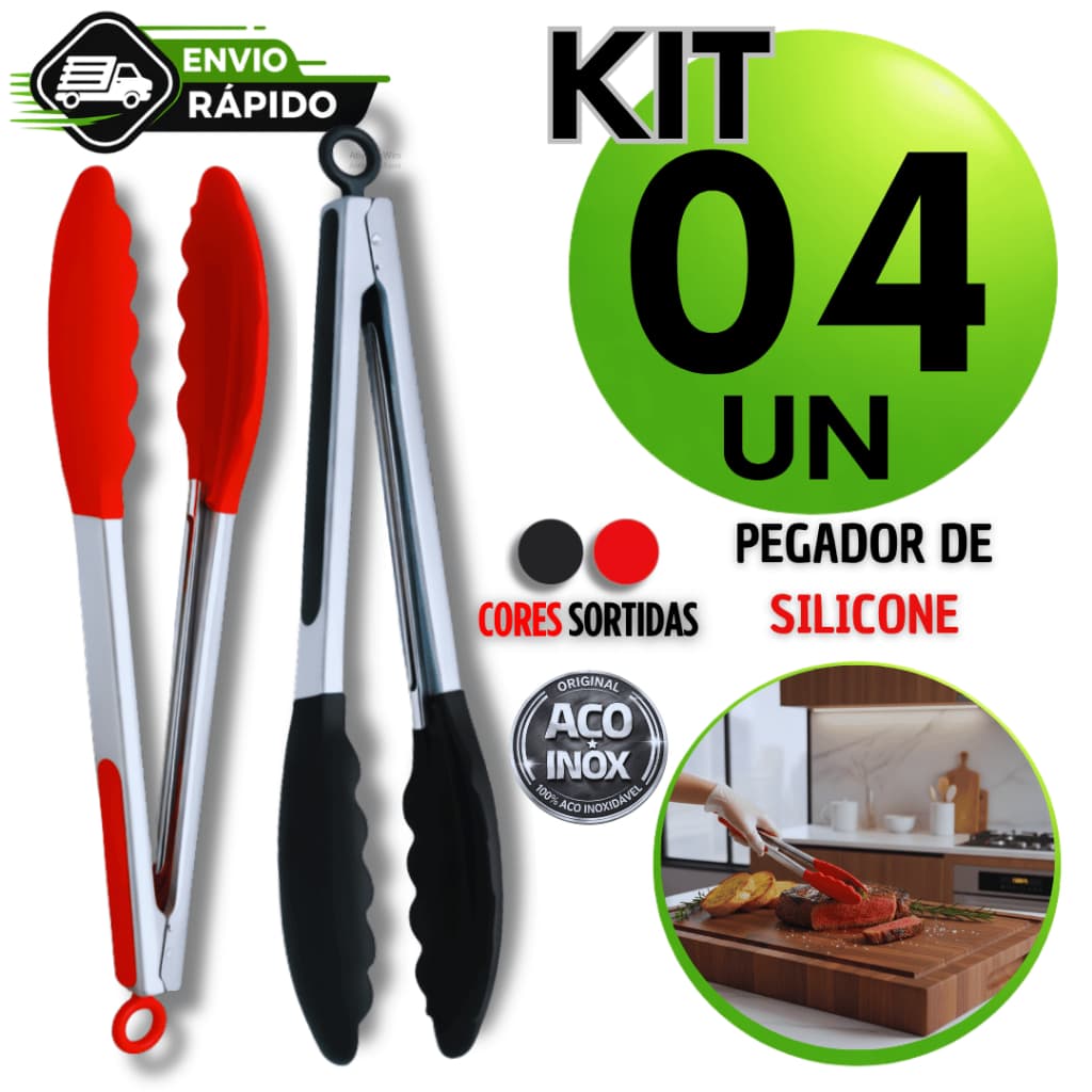 Pegador de Silicone Inox Para Cozinha Salada Massa Churrasco Fritura Pequeno Grande Premium Atacado