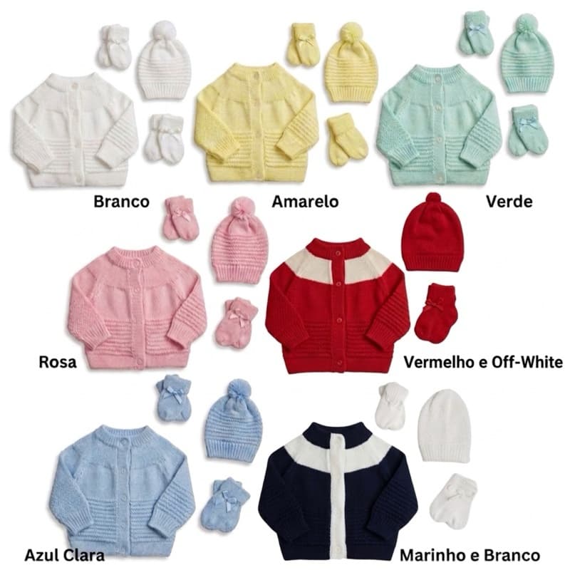 Kit Tricô 4 Peças Casaquinho, Touca, Luva e Sapatinho Para Bebê Antialérgico