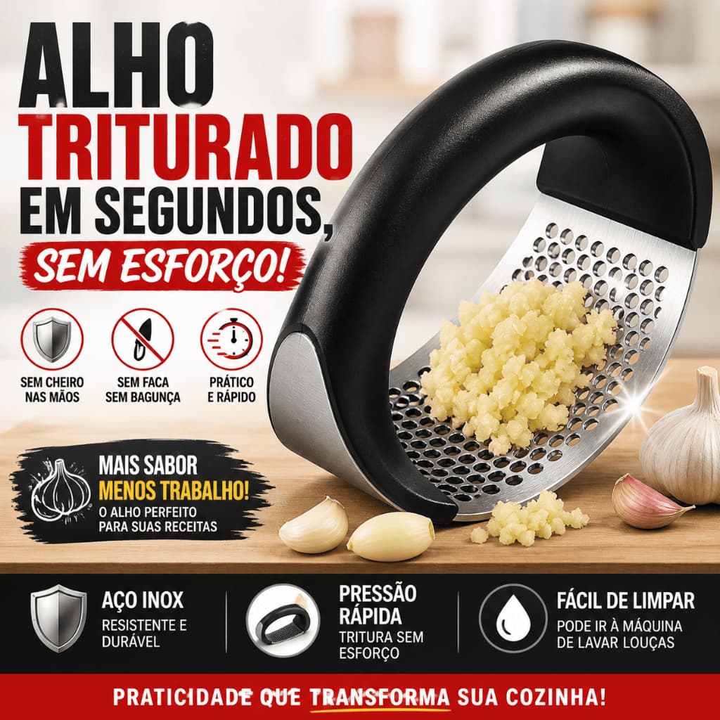 Amassador Espremedor Machucador de Alho Inox Manual Resistente com Pressão Rápida