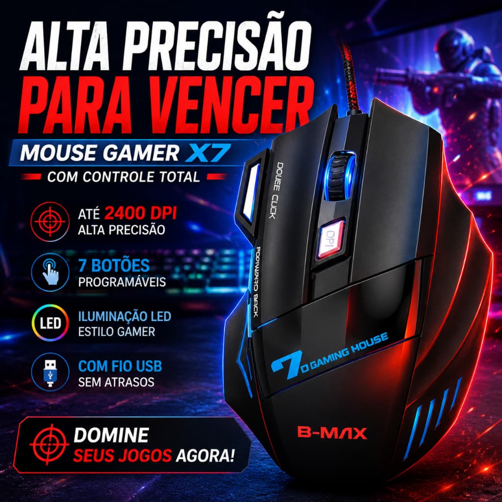 Mouse Gamer X7 Led Com Fio 7 Botões 2400dpi Profissional